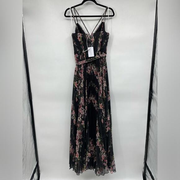NWT MARCHESA NOTTE Belted pleated floral-print chiffon gown - Picture 3 of 6